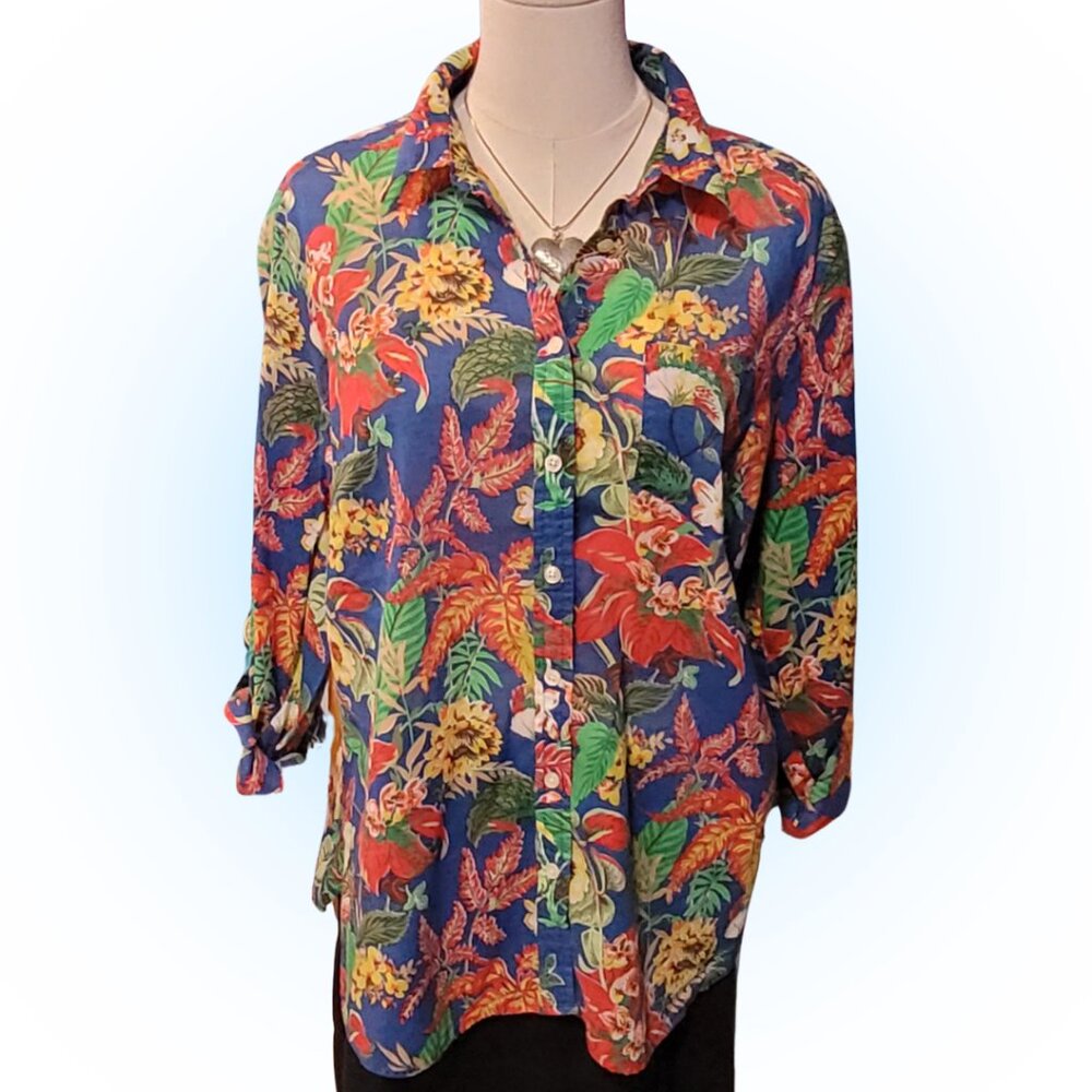 TALBOTS WOMENS TROPICAL PRINT COTTON BLOUSE SHIRT EUC L - Picture 2 of 9